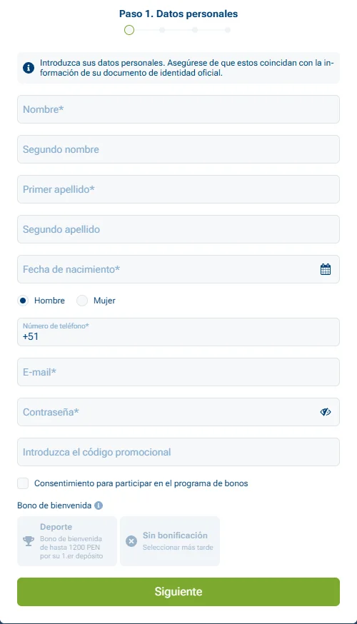 Formulario de registro de 1xBet Perú