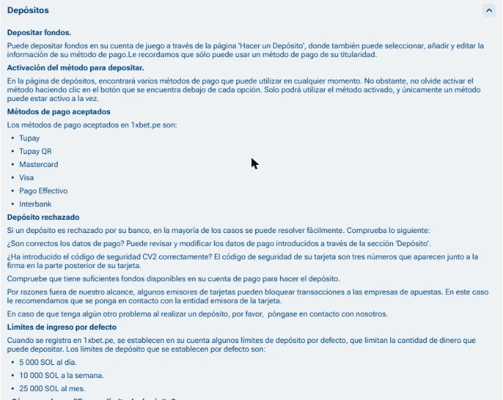 Métodos de pago aceptados en 1xbet.pe