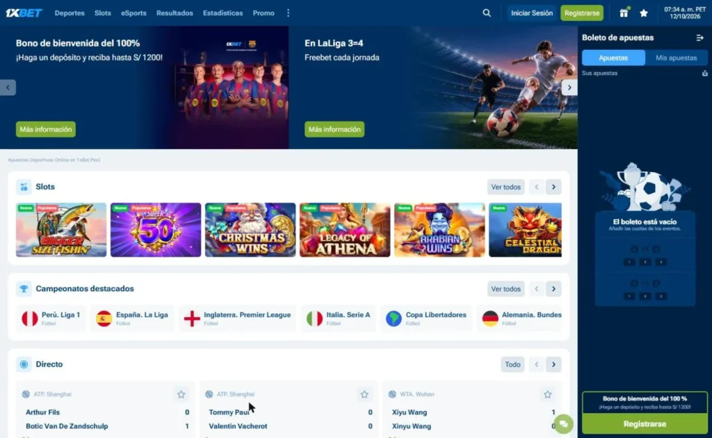 Página principal de 1xbet.pe