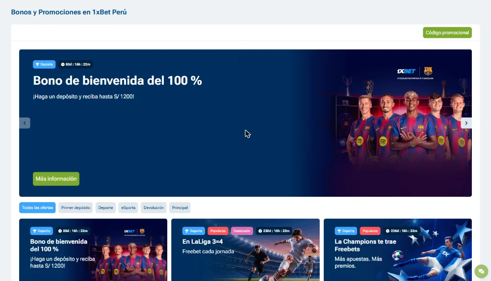 Sección de promociones y bono de bienvenida de 1xBet Perú