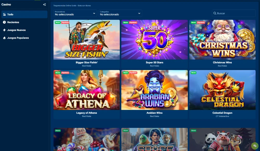 Sección de slots del casino 1xBet Perú
