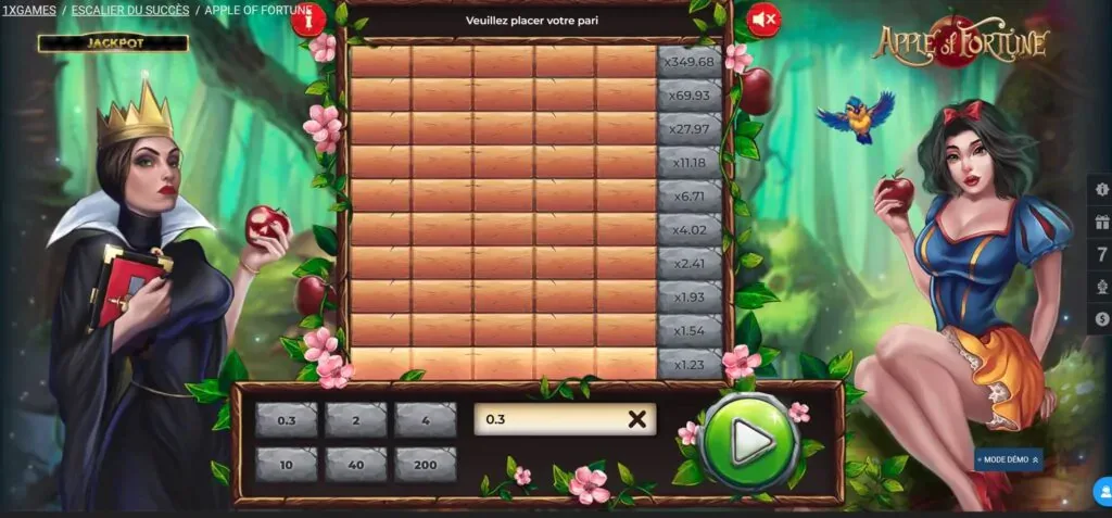 Tablero de Apple of Fortune de 1xGames con multiplicadores de 1,23x a 349,68x